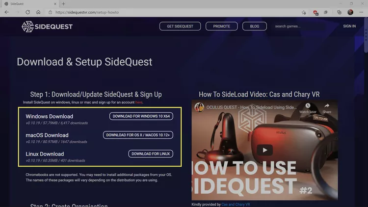 Installing SideQuest VR for PC
